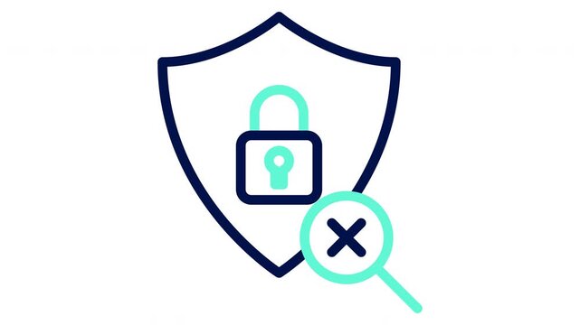 Denied cybersecurity shield icon with padlock and magnifier. Vector illustration, outline video