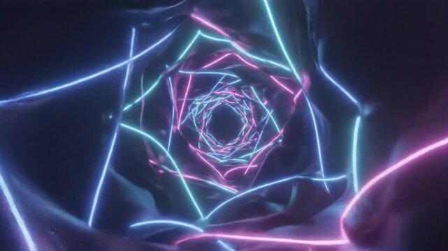 Neon Light Tunnel: An abstract visualization of a futuristic tunnel formed by glowing neon geometric shapes in vibrant blue and pink hues, creating a sense of depth and motion.