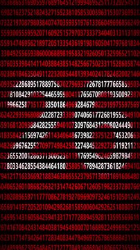 26 Abstract digital background featuring flowing lines of red numbers on a dark black screen showing data processing binary code matrix technology math binary code matrix technology math