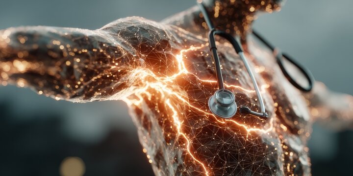 Futuristic glowing liver illustration with a stethoscope showing digital healthcare diagnostics and advanced medical technology