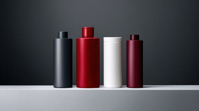 Four sleek, cylindrical bottles in black, red, white, and maroon colors are arranged in a row against a minimalist dark gray background.