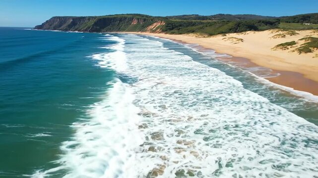 Coastal Serenity: A panoramic view of a pristine beach with rolling waves and a rugged coastline under a clear blue sky, evoking a sense of peace and natural beauty.