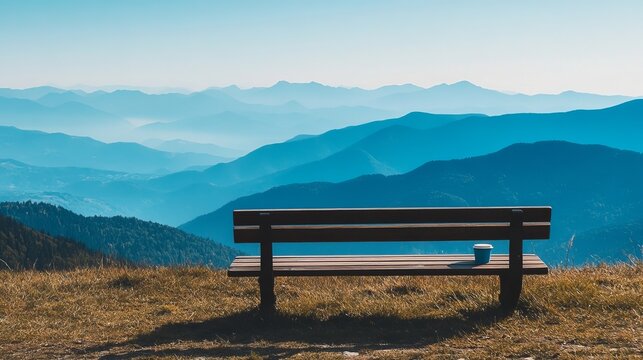 Wooden bench overlooks a vast, hazy mountain range under a soft, pale blue sky with muted light
