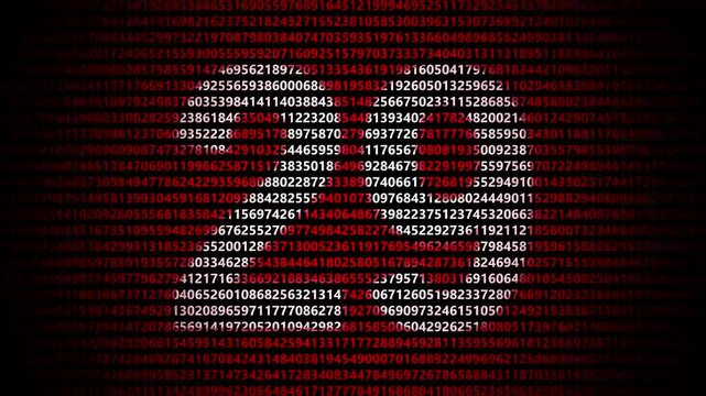 Abstract digital background featuring a 29 number  shape formed by bright white numbers against a flowing red numerical stream alphabet data code technology math