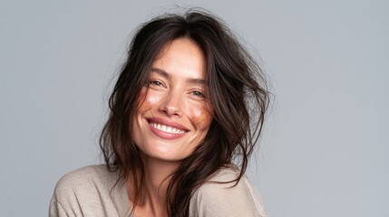 Fototapeta premium Beautiful Adult Woman with Melasma on Face Smiles Joyfully at Camera, Showcasing Natural Skin and Confidence Against a Neutral Background in a Bright Studio Setting