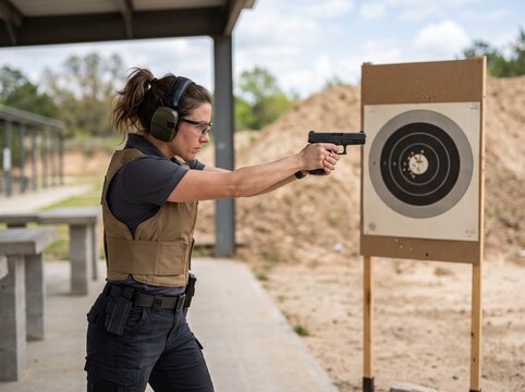 Woman aiming a handgun at a paper target during practice at an outdoor shooting range