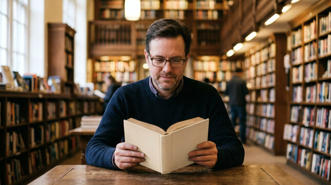 A middle-aged man wearing glasses reads an open book while sitting at a wooden table amidst the shelves of a large, well-stocked library.