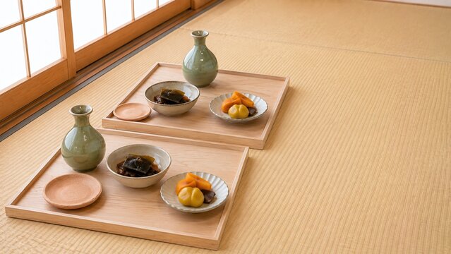 直会の膳 神事のあとの白木の折敷と御神酒を供えた和室