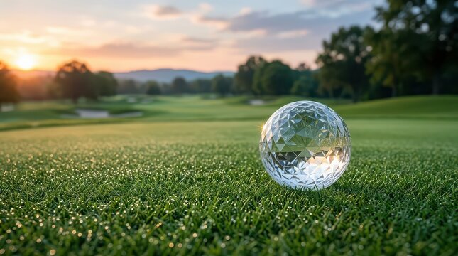 Faceted crystal ball on wet golf course grass at sunrise with dew drops image photo