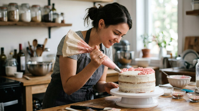 A woman uses a piping bag to decorate a layered cake with pink frosting, showcasing her artistic cake decorating skills in a kitchen.