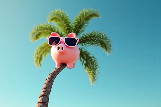 Cheerful Image of a Stylish Piggy Bank on a Palm Tree, Inspiring Thoughts of Savings and Holiday Getaways