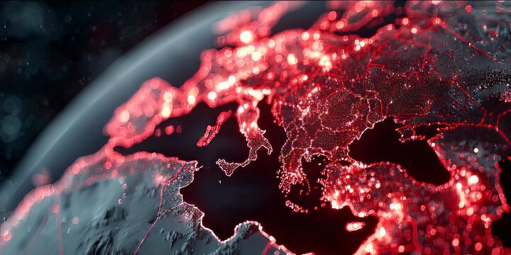 Glowing digital map of europe on a futuristic globe with red illuminated networks and global data connections
