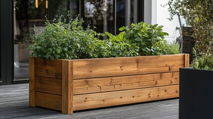 Obraz premium Wooden planter box with vibrant greenery sits outdoors, bathed in soft, diffused daylight and subtle shadow play