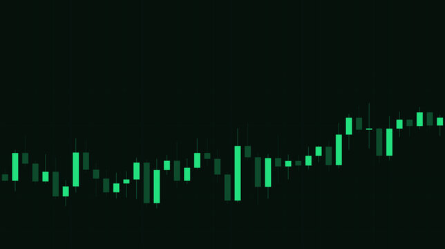 Candlestick stock chart background, green trading graph on black, vector finance illustration for banner, poster and presentation design

