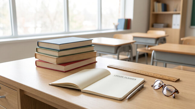 Teacher study workspace with stack of textbooks open lesson planner notepad pen ruler and reading glasses on wooden desk in empty bright classroom setting