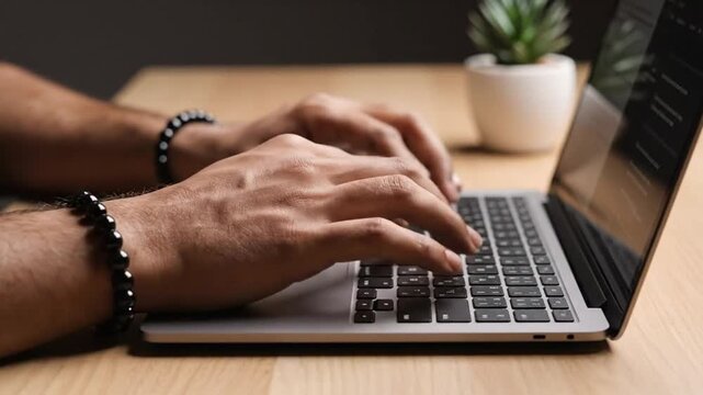 Typing on Laptop: A close-up shot captures a person's hands actively typing on a laptop keyboard, showcasing productivity and focus in a modern workspace.