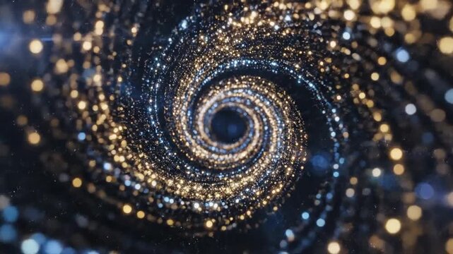 Cosmic Swirl of Light: An abstract, swirling vortex of golden and blue light particles creates a mesmerizing tunnel effect, evoking a sense of cosmic wonder and endless possibilities.
