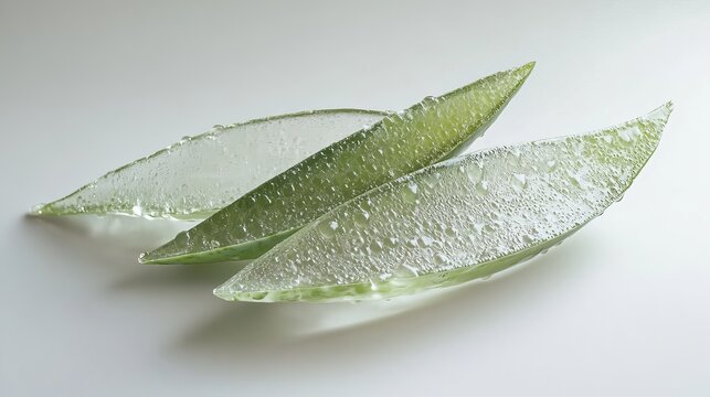 Sliced aloe vera gel on a white surface, showcasing its translucent green hue and refreshing texture
