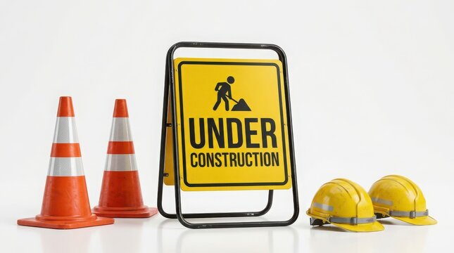 Construction zone warning sign with traffic cones and helmets