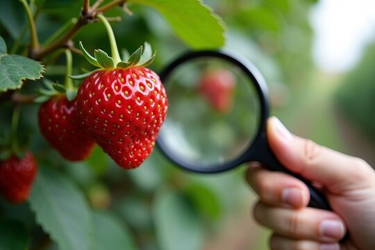 Organic Farming: Farmer Inspecting Ripe Strawberry with Magnifying Glass for Freshness