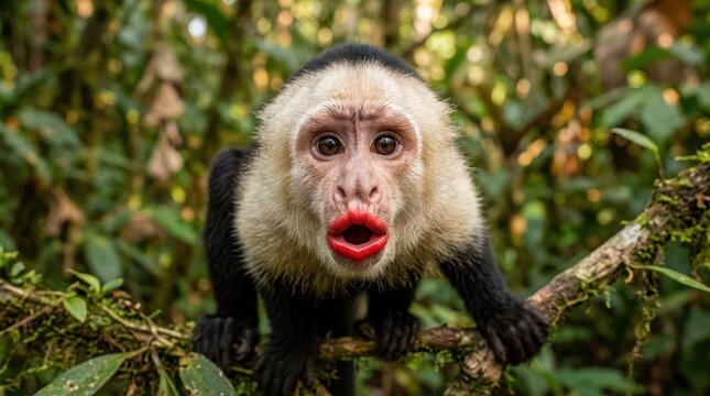 Curious white monkey looking through green foliage