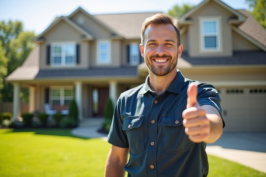 Exterminator Triumphantly Poses in Front of Home, Thumbs Up After Pest Control Victory