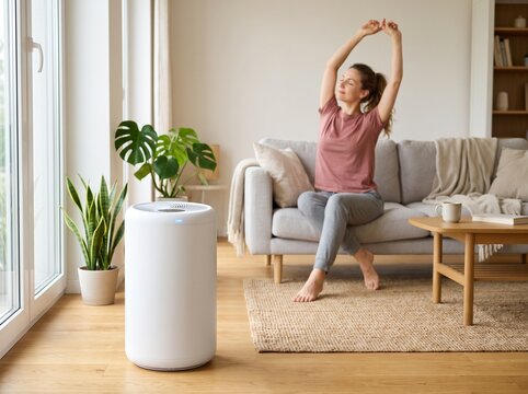 Young woman stretching and relaxing on a sofa in a bright living room with an air purifier standing next to green houseplants near the window