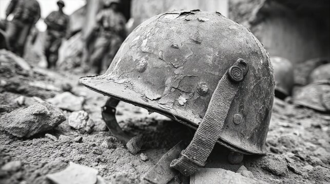 Abandoned Military Helmet in Rubble with Soldiers in Background
