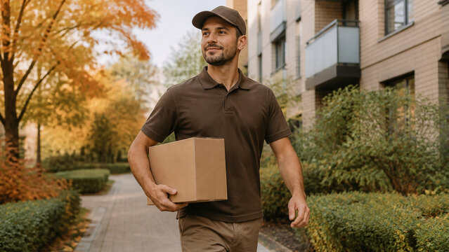 Smiling male delivery courier in brown uniform carries a cardboard parcel along a walkway outside modern apartment buildings in autumn.