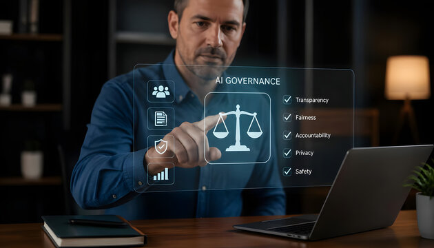 Professional man interacting with digital justice scales and legal compliance checklist on laptop