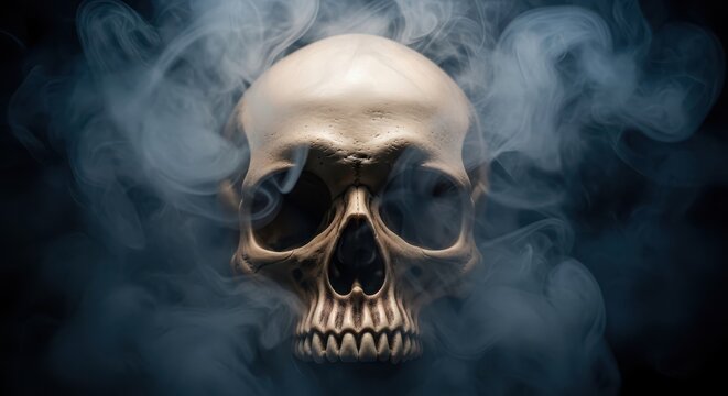 Human skull emerging from dark smoky background isolated on transparent background