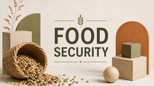 Stylized food security composition featuring a woven basket of spilled grains, earthy geometric forms, botanical accents, and bold typography.