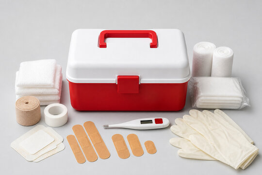 Red and white first aid box arranged with bandages, gauze, thermometer, adhesive dressings, medical tape, and disposable gloves.