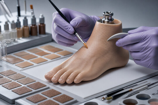 Gloved technician applies pigment to a realistic prosthetic foot while matching skin tones in a clean medical fabrication laboratory.