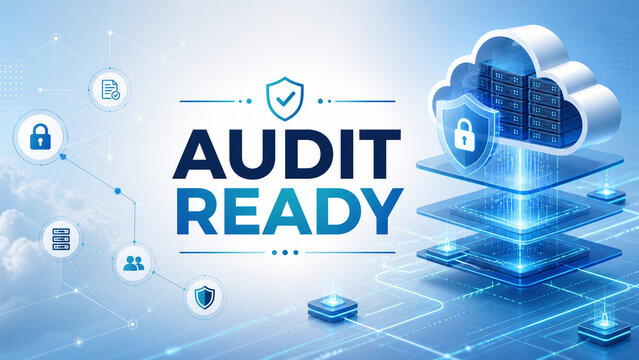 Blue digital illustration of secure cloud servers, shield and lock icons, network connections, and bold audit ready text for compliance technology.