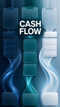 Modern financial flowchart with glowing blue and teal streams, blank panels, and bold cash flow text on a vertical abstract background.