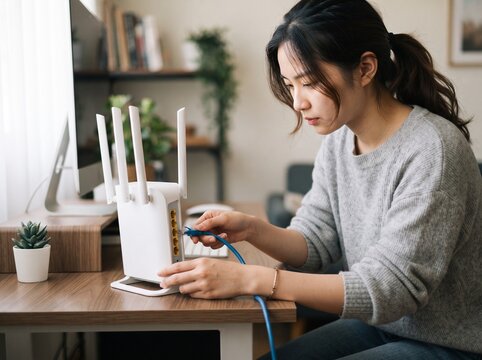 Young woman setting up a wireless internet router at her home office desk