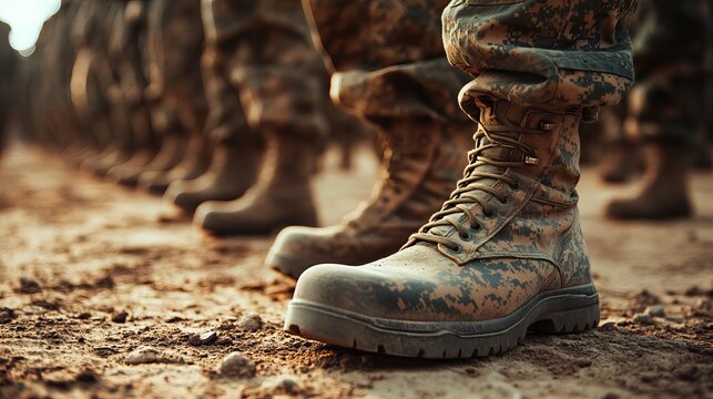 Military boots in a line, close-up view of combat footwear and uniform, representing strength and discipline
