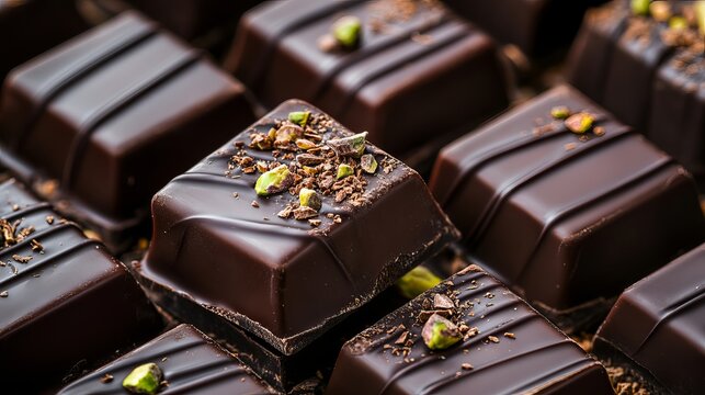 Dark chocolate squares with pistachio nuts, a close-up studio shot showcasing rich textures and a decadent, sweet treat