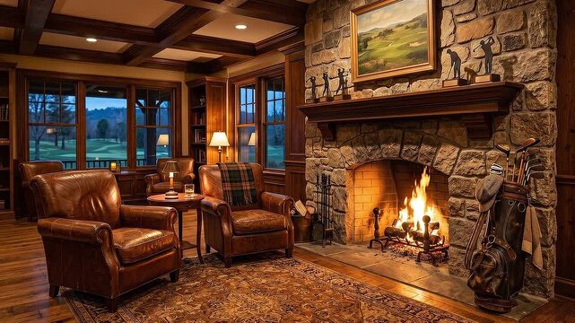 Panning shot of leather armchairs beside roaring stone fireplace with golf bag and window view of golf course in cozy wood paneled lodge interior at dusk