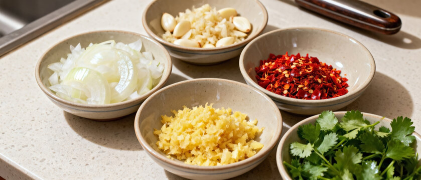 Mise en place with small bowls of chopped onion garlic chili ginger and cilantro. Prepping fresh ingredients for cooking on a kitchen counter