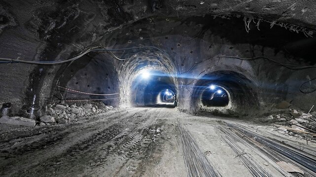 View of a tunnel construction site featuring raw rock walls, bright work lights, and metal reinforcement bars on the ground Istanbul, Istanbul, Turkiye.