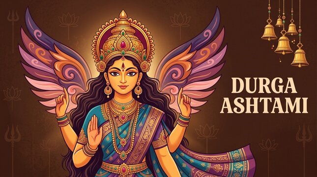 a vibrant and decorative banner for durga ashtami featuring goddess durga with colorful leaves and hanging golden bells, a hindu festival celebration for durga puja
