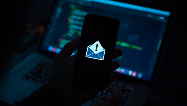 Smartphone displaying a phishing email alert icon