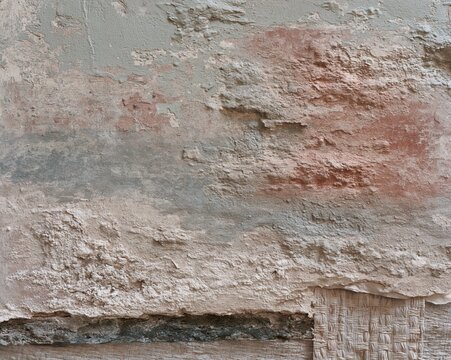 Water damaged plasterboard texture with peeling wallpaper and damp stains for construction assessment and insurance claim background plates