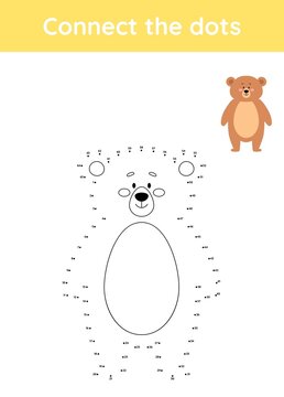 Connect the dots game for kids with cute bear. Educational dot to dot puzzle worksheet and coloring page for children vector illustration. Dot to dot numbers game for children. Cute brown bear 