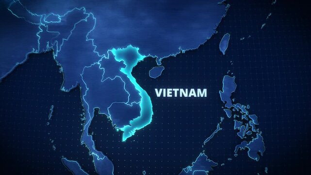 Stylized map animation highlighting Vietnam, Southeast Asia, featuring a glowing cyan border, bold white typography, and a dark blue grid background for a travel and news-style graphic template.
