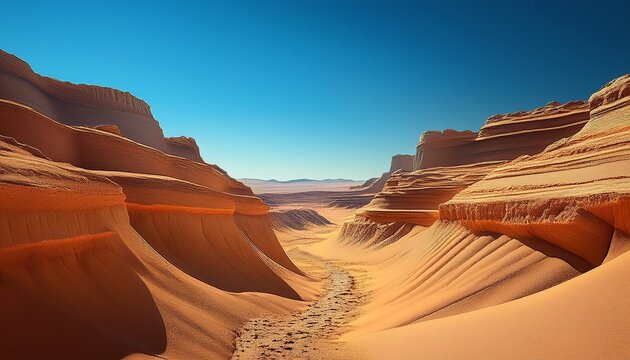 Ravine Covered In Sand With Layered Cliffs Stands Under A Clear Blue Sky Generative Ai