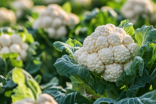 Fresh cauliflower head growing in agricultural field close up