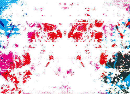 High contrast red and cyan abstract grunge background with symmetrical halftone splatters on white.